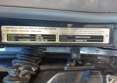 2007 Bentley Continental z USA, uszkodzony, nr VIN SCBDR33W47C044202